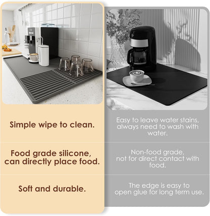 Silicone Coffee Mat with Raised Edges, 24'' x 16'' Bar Mat for Countertops, Fits Under Coffee Maker, Espresso Machine, Dish Drying Mat, Gray
