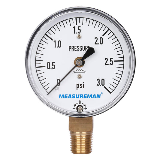 MEASUREMAN Diaphragm Type Capsule Low Pressure Gauge 3psi, 2-1/2" Dial, 1/4" NPT Lower Mount, Adjustable, 0-3Psi
