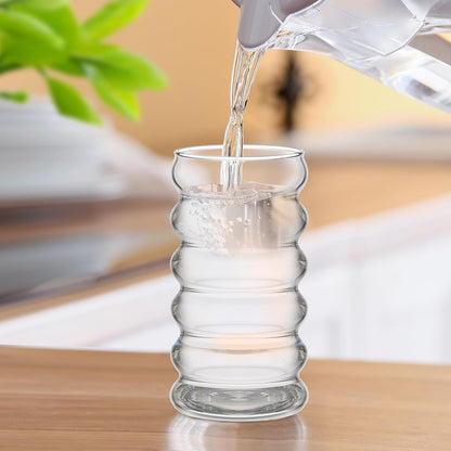 Tessco for you 4 Pcs Creative Glass Cups Vintage Drinking Glasses Ribbed Glassware Aesthetic Cup Entertainment Dinnerware Glassware with Straws Set for Kitchen Coffee Beverage(16 oz,Clear)