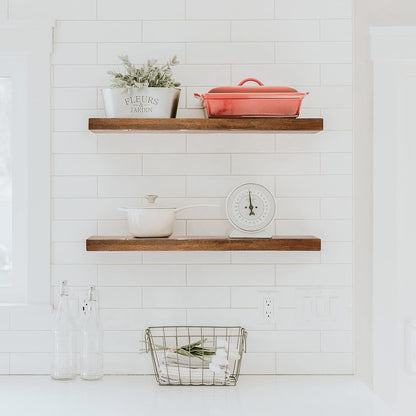 URBANDI, Rustic Floating Shelves, Set of 2, Hidden Bracket, Solid Wood, Heavy Duty, Wall Mounted Shelves, (Provincial, 12Wx8D)