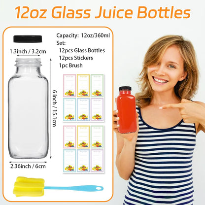 12 Pack 12oz Glass Drink Bottles with Lids, 360ml Vintage Glass Water Bottles with Caps, Reusable Juice Containers Drinking Jars for Juicing, Milk, Ginger, Kombucha, Beverages
