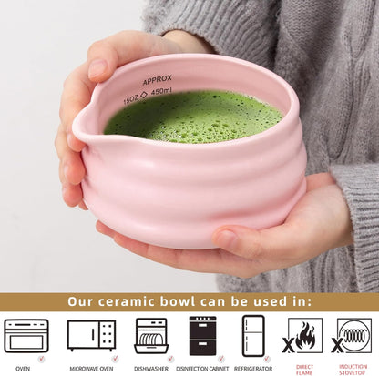2pcs Matcha Bowl with Whisk Holder, Ceramic Pink Matcha Bowl with Spout, 16.5OZ Porcelain Bowl with Measurement Marks, Tea Mixing Bowl with Whisk Stand, Gfit for mom/daughter/girls (pink)