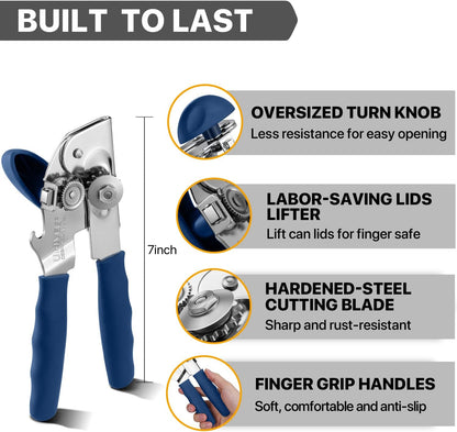 Can Opener Manual Heavy Duty, UHIYEE Hand Held Can Openers for Seniors with Comfort Grip Sharp Blade, Solid Steel Hand Manual Can Open with Magnet for Kitchen Camping, Blue