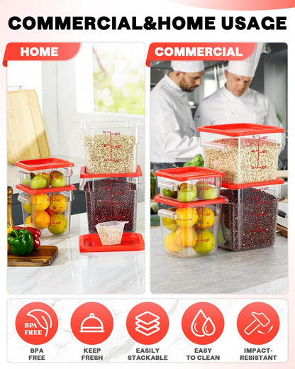 4QT NSF Food Storage Containers with Lids: 4 PCS [Total Food Grade][Hot&Cold Resistant] Commercial Clear Food Storage Containers for Restaurant Kitchen Proof Dough, Measuring Spoons Included(Red)