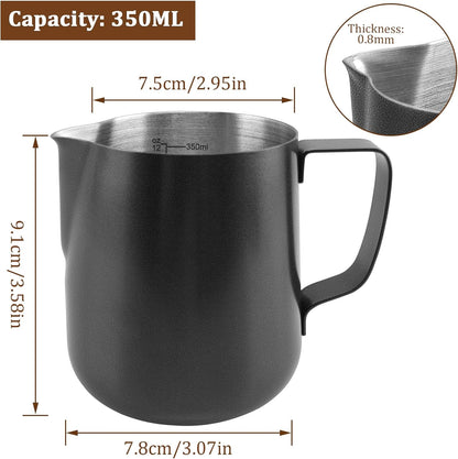 12oz/350ml Matte Black Milk Frothing Pitcher, Stainless Steel Espresso Latte Cup Steaming Pitcher Creamer Cup, Milk Frother Cup Espresso Machine Accessories Barista Tools Jug for Coffee Cappuccino