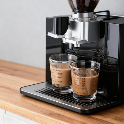 2-Pack Shot Glass Measuring Cups Set | Non-Fading 4-Measurement Espresso Jigger (OZ/ML/TSP/TBSP) | Thick Base Heavy Glass Measuring Cup for Coffee & Kitchen，Dishwasher Safe, Incremental Scale (Black)