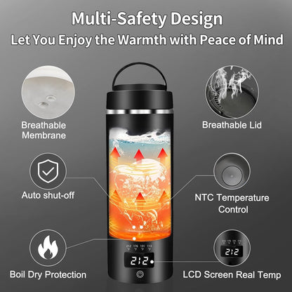 Travel Mini Kettle Portable Small Electric Kettle with Plug-in Boiling & Keeps Warm via USB, Portable Water Boiler with 4 Temperature Settings, 304 Stainless Steel with Auto Shut-off 16oz(Black)
