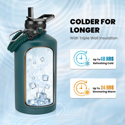 One Gallon Water Bottle Insulated, Triple Walled Vacuum Stainless Steel (Cold for 48 Hrs), Leak Proof & Non-BPA, Large Water Flask Jug with Paracord Handle & Straw Spout Lids
