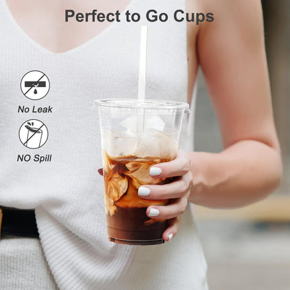 100 Pack - 20 oz Clear Plastic Cups with Lids and Straws, Sturdy & Food Safe Iced Coffee Cups with lids, Disposable Plastic Smoothie Cups for Cold Drinks