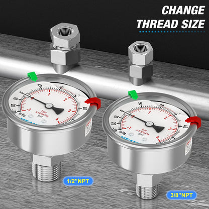 MEANLIN MEASURE -30inHG~60Psi Vacuum Pressure Gauge 316 Stainless Steel Joint 1/4"NPT 2.5"FACE DIAL, Liquid Filled Pressure Gauge WOG Water Oil Air Back Mount with Stainless Steel Hex Bushing, Snaps