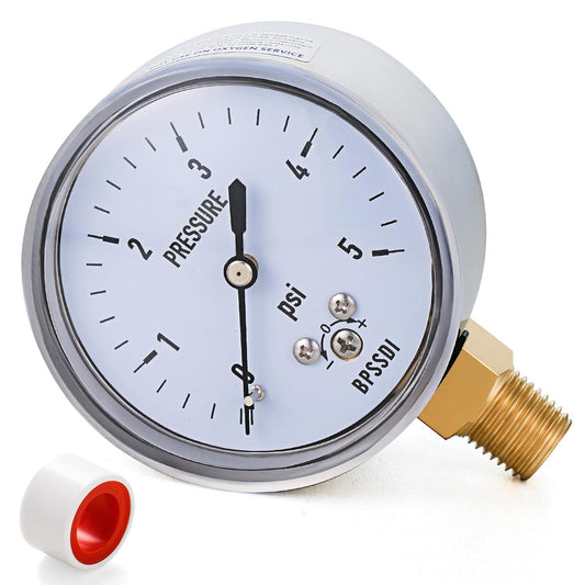 0-5 Psi Low Pressure Gauge, Capsule Gauge with 304 Stainless Steel Case, 2.5" Dial Size, 1/4" NPT Lower Mount, Zero Adjustment, for Air Water Gas Pressure Test
