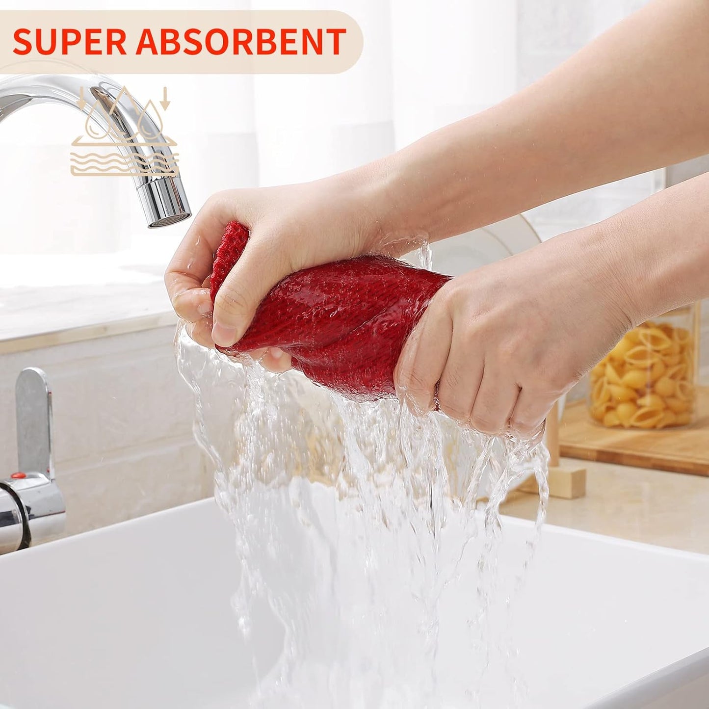 Kitinjoy 100% Cotton Waffle Weave Kitchen Towels, 4-Pack Super Soft and Absorbent Dish Towels for Drying Dishes, Kitchen Hand Towels, 13 in x 28 in, Red