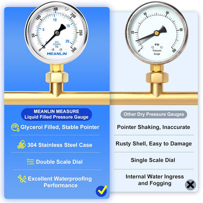 MEANLIN MEASURE 0~300Psi Stainless Steel 1/4" NPT 2.5" FACE DIAL Liquid Filled Pressure Gauge WOG Water Oil Air Lower Mount, with 1/2" NPT and 3/8" NPT Hex Bushing