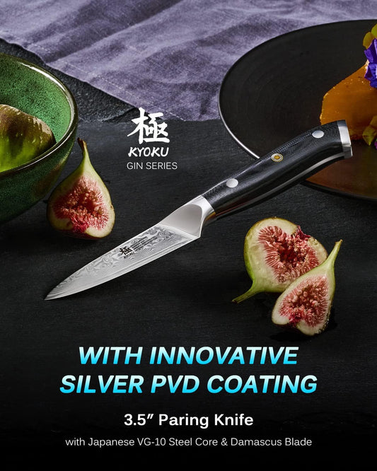 KYOKU Gin Series 3.5" Paring Knife - Japanese VG10 Damascus Stainless Steel Kitchen Knife With Silver Ion Blade, G10 Handle, Mosaic Pin - for Fruit, Vegetable, Peeling, Coring