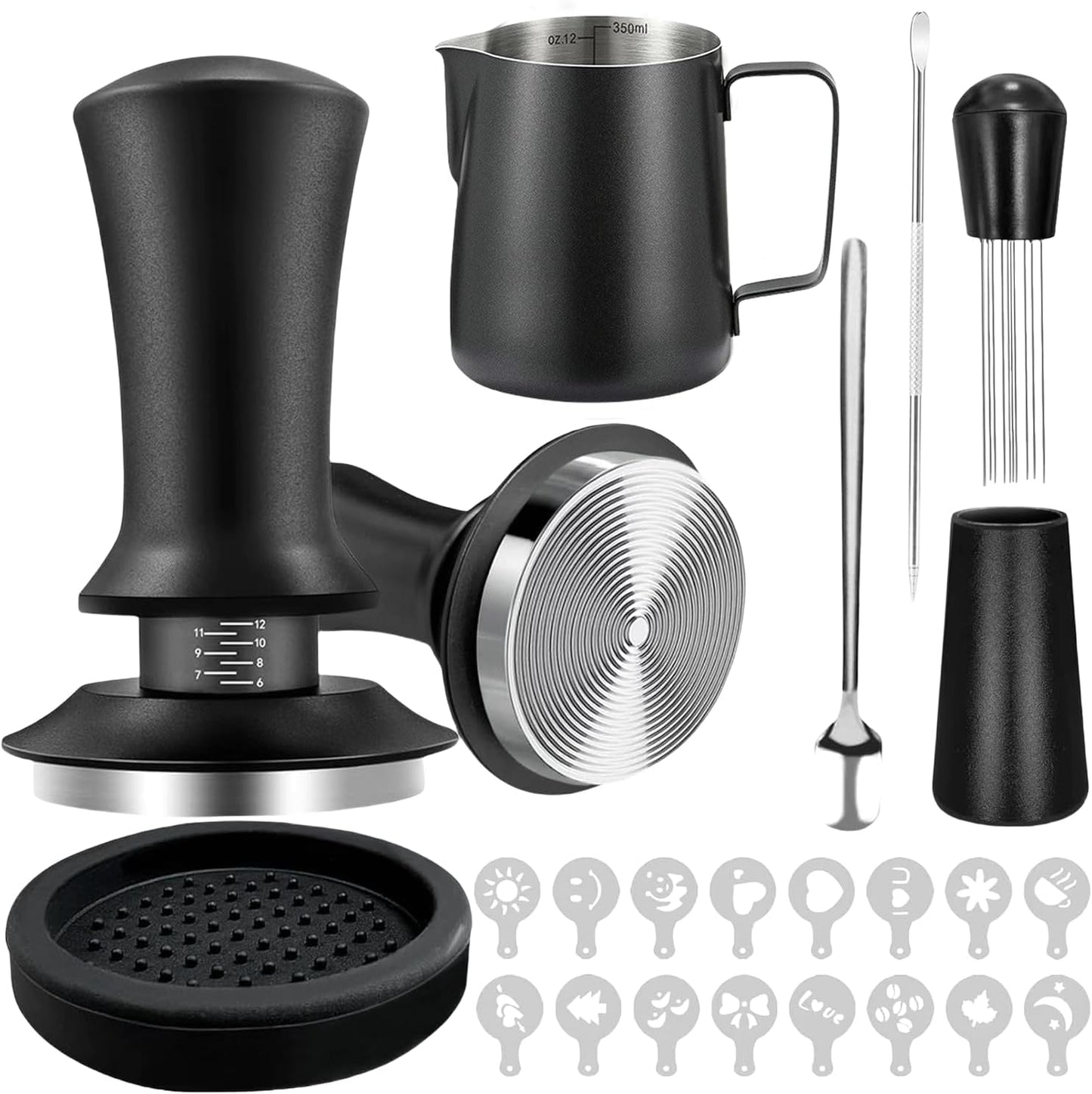 Gmnuiy22 PCS 51mm Coffee Tamper ，Espresso Accessories，Barista Kit with Espresso Tamper ，Frothing Pitcher，WDT Tool，Coffee Stirrer，Tamper Mat ，Coffee Stencils ， Latte Art Pen