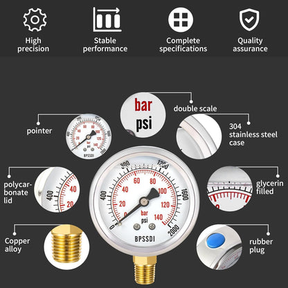 0-2000 Psi Glycerin Liquid Filled Hydraulic High Pressure Gauge, 2.5" Dial Size, 1/4" NPT Lower Mount, 304 Stainless Steel Case, for Water Oil Air Gas Pressure Test