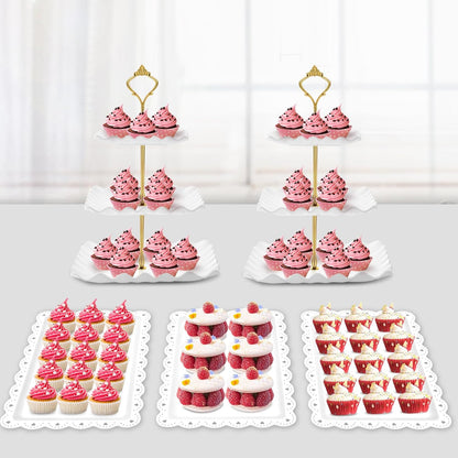 PinCute 5 Pcs Dessert Table Display Set - 2 X Cupcake Stand Holder/Cup Cake Tier Tower & 3 X Serving Tray Combo for Tea Party, Birthday, Baby Shower (Wave Square)
