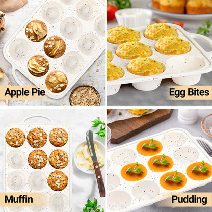 FUNBAKY Silicone Muffin Pan with Metal Frame, Nonstick 12 Cups Regular Size Silicone Muffin Tin for Oven Baking Easy to Move with Handle BPA Free