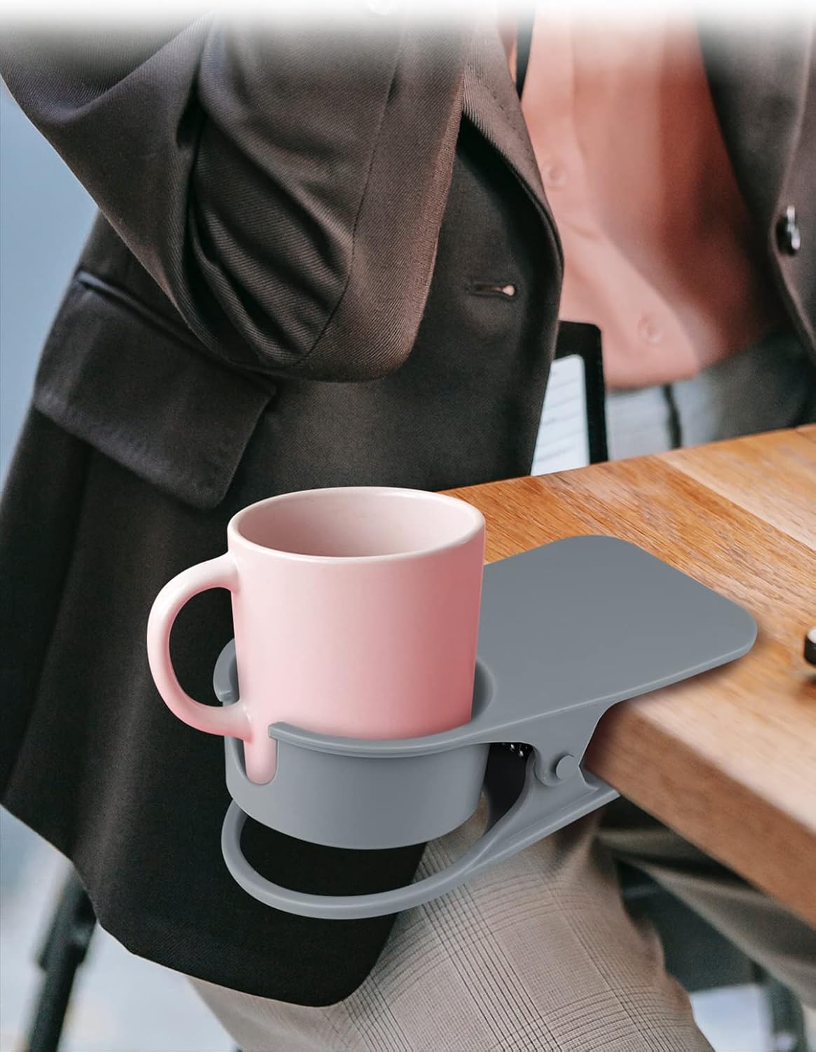 Kalolary New Drinking Cup Holder Clip with Groove, Table Bottle Cup Stand DIY Glass Cup Clamp Storage Saucer Clip Water Coffee Mug Holder Saucer Clip for Home Desk, Gray