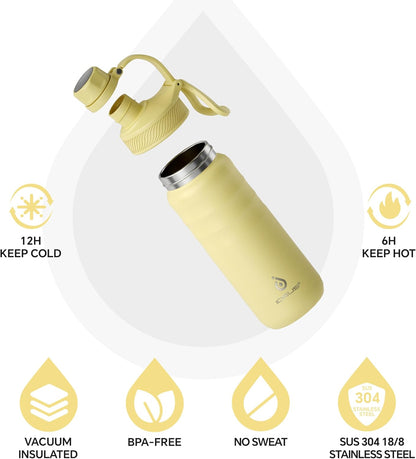 IDEUS Insulated Stainless Steel Water Bottle with 2 Leak-Proof Lids, Thermal Water Flask for Hiking Biking, 18oz, Light Yellow