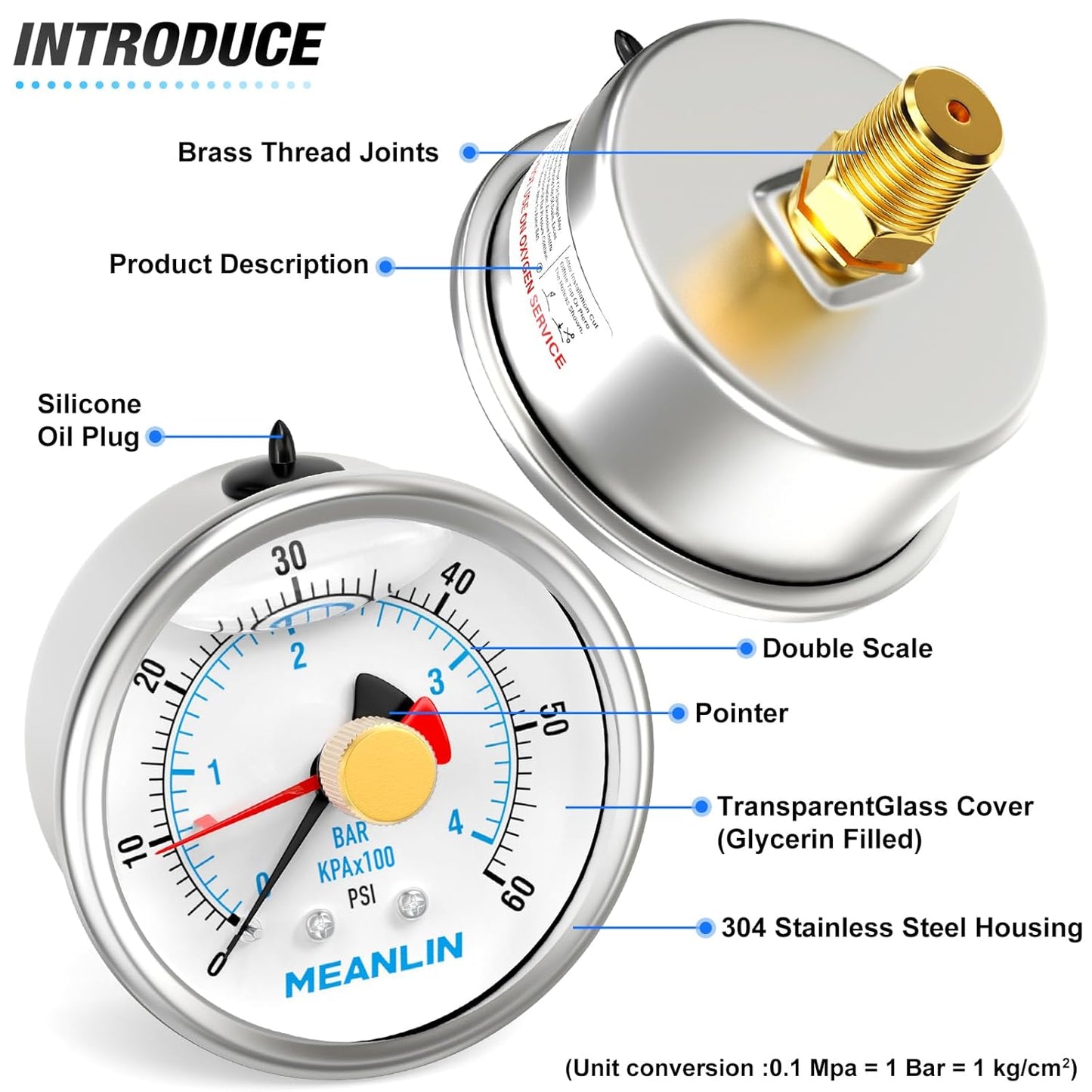 MEANLIN MEASURE 0~60Psi Stainless Steel 1/4" NPT 2.5" FACE DIAL with Reset Pointer Liquid Filled Pressure Gauge WOG Water Oil Air, Back Mount, with Brass Hex Bushing