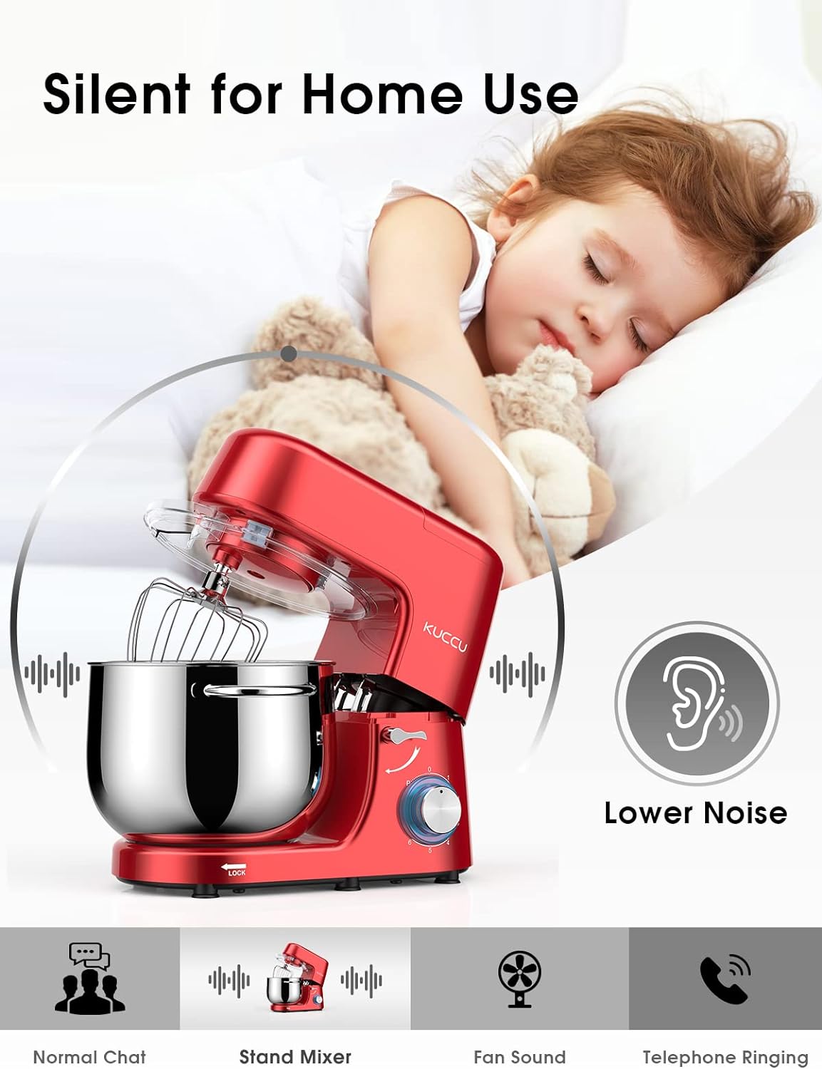 9.5 QT Double Handle KUCCU Stand Mixer, 6 Speed with Pulse Electric Kitchen Mixer, 660W Tilt-Head Food Mixer with Dishwasher-Safe Dough Hook, Flat Beater, Whisk, Splash Guard for home baking (Red)