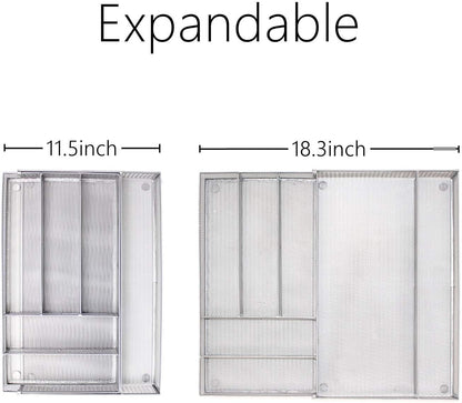 JANE EYRE Utensil Drawer Organizer - Expandable Cutlery Tray, Silverware/Flatware Storage Divider for Kitchen, Mesh Designing with Non-slip Rubber Feet (Silver)