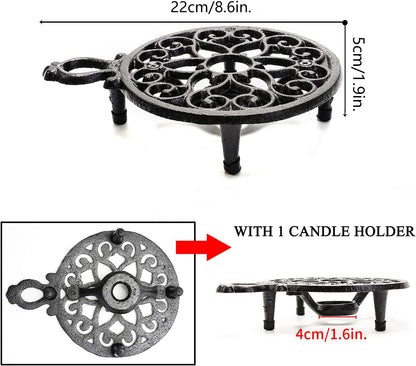 Sungmor Cast Iron Teapot Warmer Dish Cups Heater Pot Trivet - Rustic & Graceful Pattern Design with Tealight Holder - Heavy Duty & Decorative Candle Holder Stands for Heat Food Coffee Milk or Tea