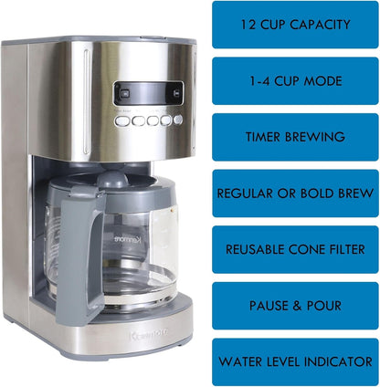 Kenmore Drip Coffee Maker - 12 Cup Programmable Cafe Machine With Glass Pot, Regular & Bold Brew, Auto Shut Off Large Water Reservoir, Reusable Filter, Kitchen Appliances For Cafeteria Barista