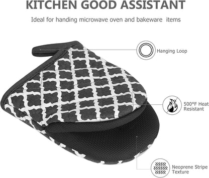 Qulable 1 Pair Short Oven Mitts - Silicone Kitchen Oven Gloves High Heat Resistant 500℉, Mini Oven Mits with Non-Slip Grip Surfaces and Hanging Loop for BBQ, Baking, Cooking and Grilling (Dark Gray)