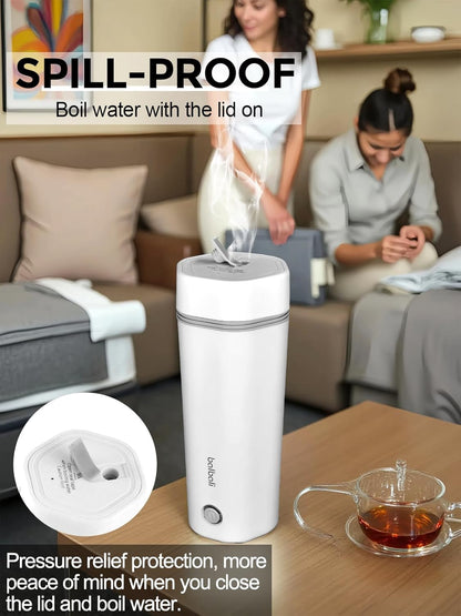 balbali Travel Kettle - 12oz Portable Electric Kettle for Boiling Water - Self Heating Cup/Thermos - Single Size Personal Tea Maker -Hot Water Boiler/Heater/Warmer - White