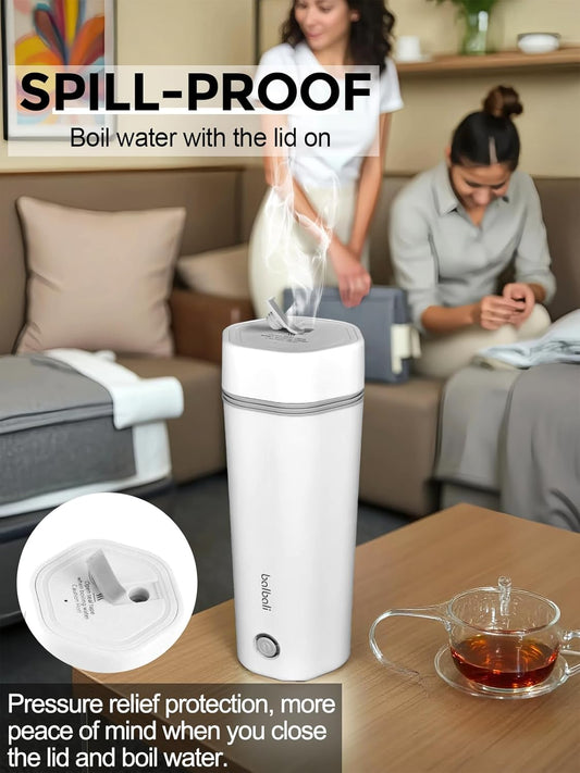 balbali Travel Kettle - 12oz Portable Electric Kettle for Boiling Water - Self Heating Cup/Thermos - Single Size Personal Tea Maker -Hot Water Boiler/Heater/Warmer - White
