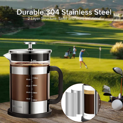 QUQIYSO French Press Coffee Maker 51oz 304 Stainless Steel French Press with 4 Filter, Heat Resistant Durable, Easy to Clean, Borosilicate Glass Coffee Press, Sliver