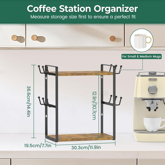 EsLuker.ly Coffee Station Bar Organizer Mug Holder Stand Countertop, 2 Tier Mug Cup Tree Rack for Kitchen Office, Storage Shelf with 12 Hooks, Creat Stylish Coffee Corner