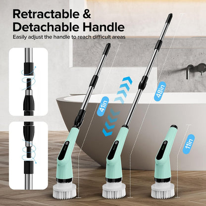 Electric Spin Scrubber, Dreazu IPX7 Bathroom Scrubber with 7 Replaceable Brush Heads & Retractable Handle, 2-Speed Adjustable Spin Scrubber for Bathroom, Bathtub, Kitchen, Tile Floors（Green）
