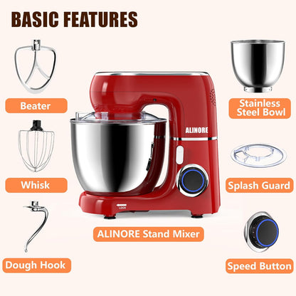 Stand Mixer, 6.5QT 660W 10-Speed Tilt-Head Electric Kitchen Stand Mixer, Food Mixer with Dishwasher-Safe Dough Hook, Egg Whisk, Flat Beater for Baking, Cake and Most Home Cooks (Red)