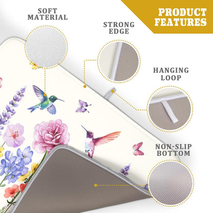 Giwawa Hummingbird Flower Dish Drying Mat 18x24 inch Watercolor Spring Herb Floral Dish Drainer Mats Wildflower Plant Reversible Microfiber Dish Drying Pad for Kitchen Countertop Large Decor