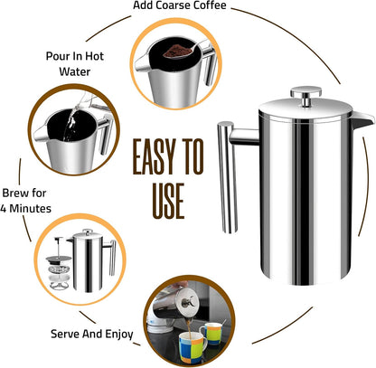 Utopia Kitchen Stainless Steel French Press Coffee Maker 34 Oz (1 Litre) with 2 Extra Filters, French Press Coffee & Tea Maker for Kitchen & Camping, Cold Brew Cafetiere, Silver