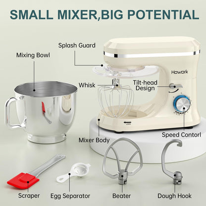 HOWORK Electric Stand Mixer,10+p Speeds With 6.5QT Stainless Steel Bowl,Dough Hook, Wire Whip & Beater,for Most Home Cooks,Cream White