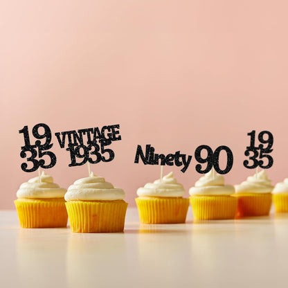 Gyufise 24Pcs Vintage 1935 Cupcake Toppers Glitter Cheers to 90 Fabulous Ninety Cupcake Picks 90th Birthday Wedding Anniversary Party Cake Decorations Supplies Black