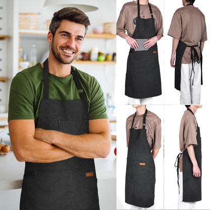 Chef Cooking Aprons for Men Women Thickened Canvas Cotton Apron with 4 Pockets for BBQ Work Kitchen (Black)