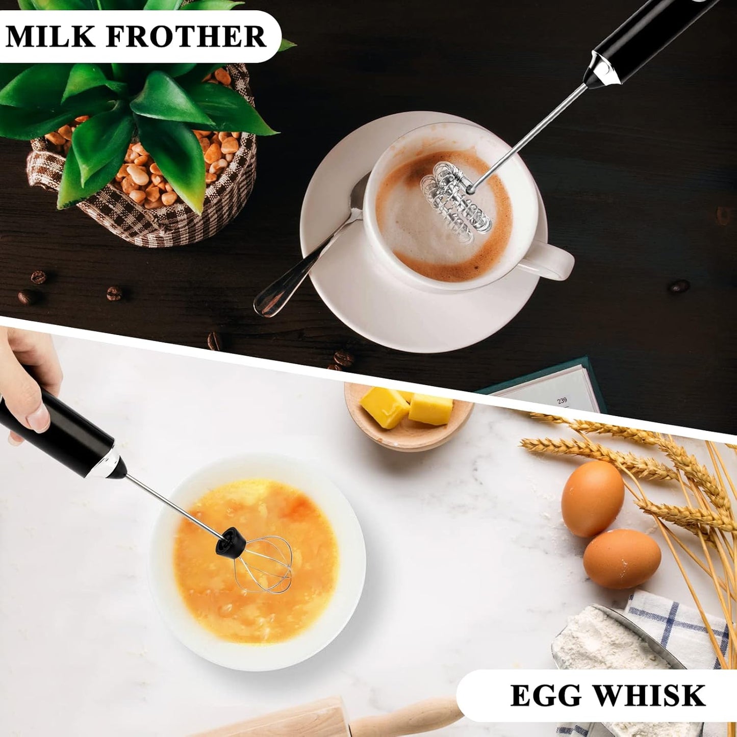 Electric Double Whisk Milk Frother Handheld Black USB Rechargeable Drink Mixer, 3 Speeds Adjustable Electric Whisk Foam Maker Detachable for Coffee, Lattes, Matcha, Hot Chocolate