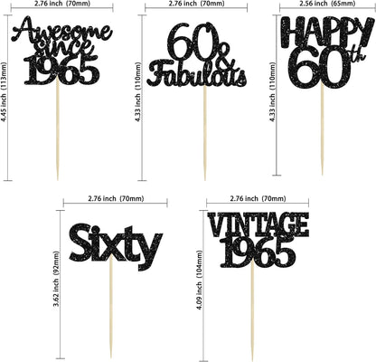 Gyufise 30Pcs 60th Birthday Cupcake Toppers Vintage 1965 Cake Decorations Cheers to 60 Fabulous Sixty Cupcake Picks 60th Birthday Wedding Anniversary Party Cake Decorations Supplies Black