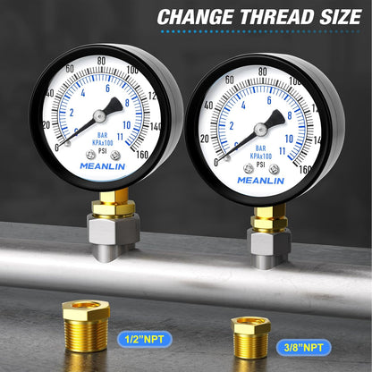 MEANLIN MEASURE 0-160Psi 2" DIAL FACE 1/4" NPT Well Pump Pressure Gauge, with 1/2" NPT and 3/8" NPT Hex Bushing, 3-2-3% Accuracy, Lower Mount