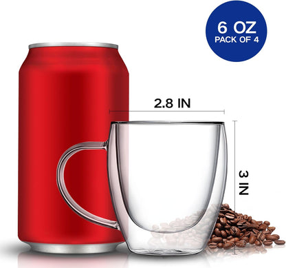 Set of 4 Double Walled Glass Coffee Mugs 6 Ounces Insulated Layer Coffee Cups with Handle Borosilicate Glass Espresso Cup for Hot Beverage,Cappuccino,Tea,Latte,Wine,Microwave Safe