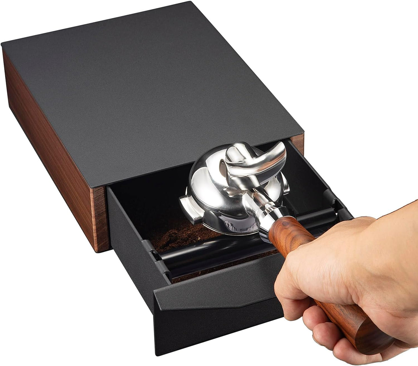 MOJAE Espresso Knock Box Drawer,Stainless Steel Detachable Coffee Ground Knock Container with Removable Knock Bar and Anti-Slip Base, Black