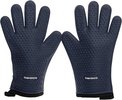 KITCHEN PERFECTION Silicone Smoker Oven Gloves - Extreme Heat Resistant BBQ Gloves - Handle Hot Food Right on Your Smoker Grill Fryer Pit | Waterproof Oven Mitts | Superior Value Set + 3 Bonuses