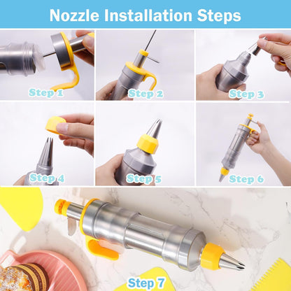 Hendiy Dessert Decorating Syringe Set, Stainless Steels Cake Decorating Tools Icing Piping Kit Icing Gun Cupcake Frosting Piping Kit, Cake Piping Kit with 6 Icing Nozzles and 9 Cupcake Liners