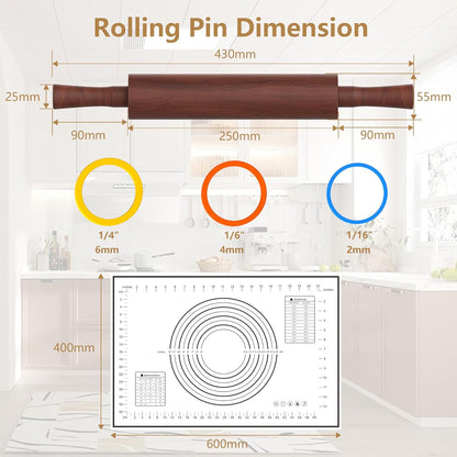Classic Wooden Rolling Pin with Handle and Pastry Mat for Fondant, Pizza, Pies, Cookies,Rolling Pin for Baking with 3 Multi-Color Thickness Rings,17" x 2.5" (Include handle)