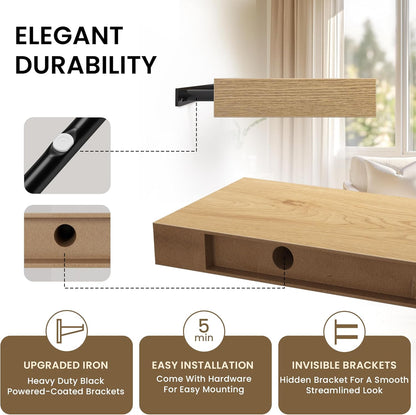 Floating Shelves for Wall, 24" W x 6.7" D x 1.5" H, Wooden Wall Mounted Display Shelves with Invisible Brackets for Living Room, Bedroom, Bathroom, Kitchen Decor and Storage, Set of 2, Oak